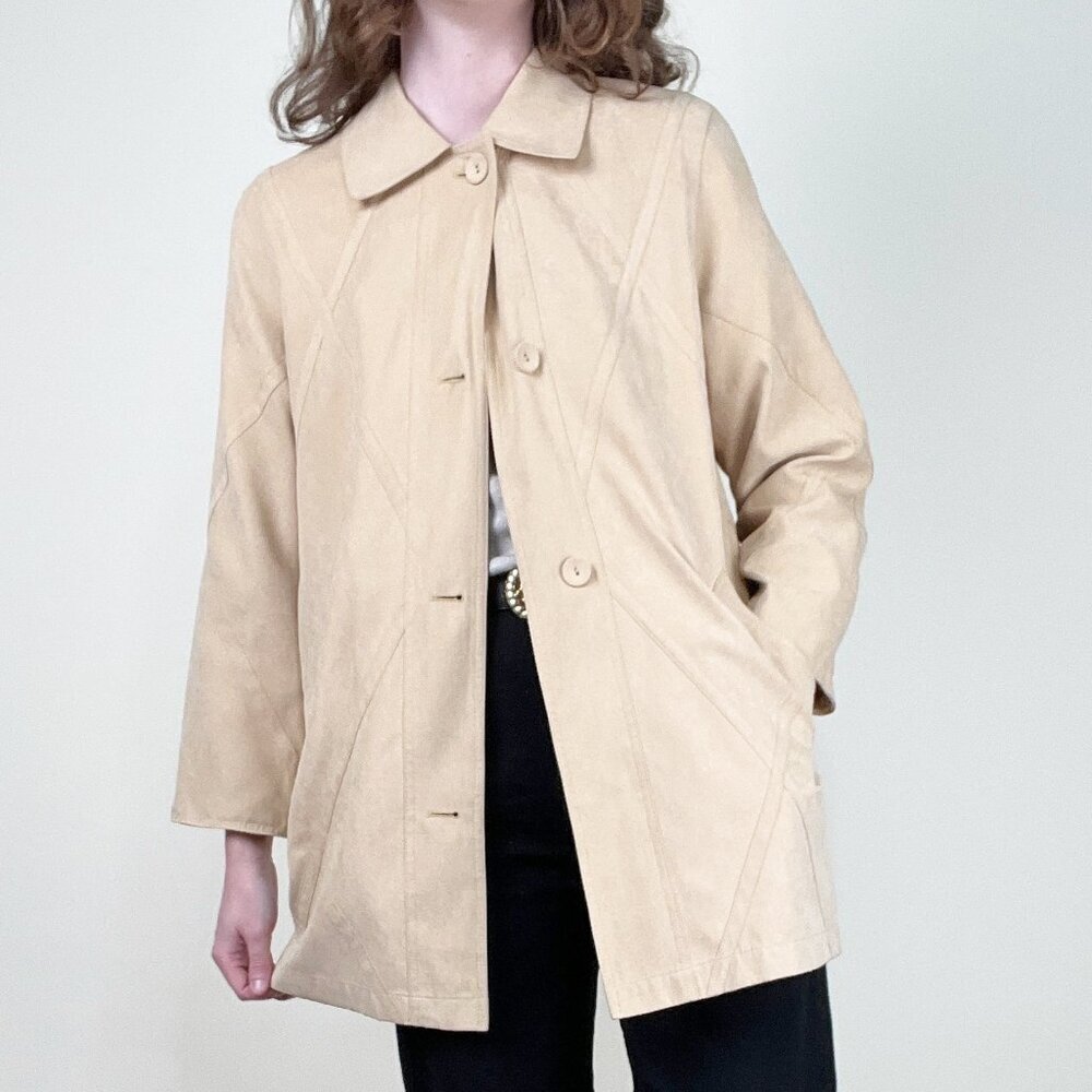 Vintage 90s Y2K Long Faux Suede Leather Peacoat Trench Jacket Quiet Luxury Coat